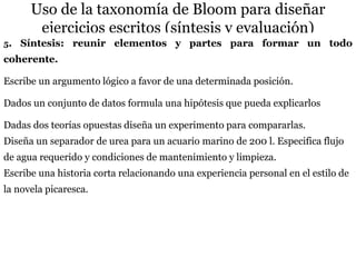 114
Uso de la taxonomía de Bloom para diseñar
ejercicios escritos (síntesis y evaluación)
5. Síntesis: reunir elementos y partes para formar un todo
coherente.
Escribe un argumento lógico a favor de una determinada posición.
Dados un conjunto de datos formula una hipótesis que pueda explicarlos
Dadas dos teorías opuestas diseña un experimento para compararlas.
Diseña un separador de urea para un acuario marino de 200 l. Especifica flujo
de agua requerido y condiciones de mantenimiento y limpieza.
Escribe una historia corta relacionando una experiencia personal en el estilo de
la novela picaresca.
 