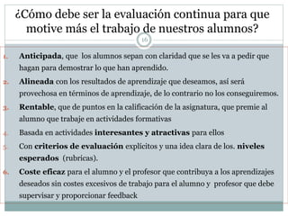 ¿Cómo debe ser la evaluación continua para que
motive más el trabajo de nuestros alumnos?
16
1. Anticipada, que los alumnos sepan con claridad que se les va a pedir que
hagan para demostrar lo que han aprendido.
2. Alineada con los resultados de aprendizaje que deseamos, así será
provechosa en términos de aprendizaje, de lo contrario no los conseguiremos.
3. Rentable, que de puntos en la calificación de la asignatura, que premie al
alumno que trabaje en actividades formativas
4. Basada en actividades interesantes y atractivas para ellos
5. Con criterios de evaluación explícitos y una idea clara de los. niveles
esperados (rubricas).
6. Coste eficaz para el alumno y el profesor que contribuya a los aprendizajes
deseados sin costes excesivos de trabajo para el alumno y profesor que debe
supervisar y proporcionar feedback
 