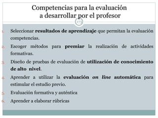 Competencias para la evaluación
a desarrollar por el profesor
1. Seleccionar resultados de aprendizaje que permitan la evaluación
competencias.
2. Escoger métodos para premiar la realización de actividades
formativas.
3. Diseño de pruebas de evaluación de utilización de conocimiento
de alto nivel.
4. Aprender a utilizar la evaluación on line automática para
estimular el estudio previo.
5. Evaluación formativa y auténtica
6. Aprender a elaborar rúbricas
173
 