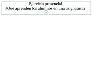 Ejercicio presencial
¿Qué aprenden los alumnos en una asignatura?
 Lo que más les interese
 Lo que hagan y practiquen
 Pero sobre todo lo que piensan que va a ser
evaluado
19
 