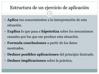 Estructura de un ejercicio de aplicación
 Aplica tus conocimientos a la interpretación de esta
situación.
 Explica lo que pasa e hipotetiza sobre los mecanismos
causales por los que ese produce esta situación.
 Formula conclusiones a partir de los datos
mostrados.
 Deduce posibles aplicaciones del principio ilustrado.
 Deduce implicaciones sobre la práctica.
32
 