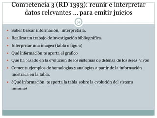Competencia 3 (RD 1393): reunir e interpretar
datos relevantes … para emitir juicios
 Saber buscar información, interpretarla.
 Realizar un trabajo de investigación bibliográfica.
 Interpretar una imagen (tabla o figura)
 Qué información te aporta el grafico
 Qué ha pasado en la evolución de los sistemas de defensa de los seres vivos
 Comenta ejemplos de homologías y analogías a partir de la información
mostrada en la tabla.
 ¿Qué información te aporta la tabla sobre la evolución del sistema
inmune?
34
 