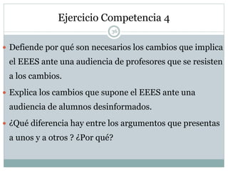 Ejercicio Competencia 4
 Defiende por qué son necesarios los cambios que implica
el EEES ante una audiencia de profesores que se resisten
a los cambios.
 Explica los cambios que supone el EEES ante una
audiencia de alumnos desinformados.
 ¿Qué diferencia hay entre los argumentos que presentas
a unos y a otros ? ¿Por qué?
36
 