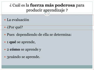 ¿ Cuál es la fuerza más poderosa para
producir aprendizaje ?
5
 La evaluación
 ¿Por qué?
 Pues dependiendo de ella se determina:
 1 qué se aprende,
 2 cómo se aprende y
 3cuándo se aprende.
 