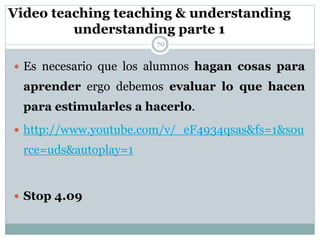 Video teaching teaching & understanding
understanding parte 1
70
 Es necesario que los alumnos hagan cosas para
aprender ergo debemos evaluar lo que hacen
para estimularles a hacerlo.
 http://www.youtube.com/v/_eF4934qsas&fs=1&sou
rce=uds&autoplay=1
 Stop 4.09
 