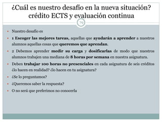 ¿Cuál es nuestro desafío en la nueva situación?
crédito ECTS y evaluación continua
 Nuestro desafío es
 1 Escoger las mejores tareas, aquellas que ayudarán a aprender a nuestros
alumnos aquellas cosas que queremos que aprendan.
 2 Debemos aprender medir su carga y dosificarlas de modo que nuestros
alumnos trabajen una mediana de 8 horas por semana en nuestra asignatura.
 Deben trabajar 100 horas no presenciales en cada asignatura de seis créditos
¿lo hacen en realidad? ¿lo hacen en tu asignatura?
 ¿Se lo preguntamos?
 ¿Queremos saber la respuesta?
 O no será que preferimos no conocerla
79
 