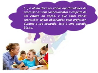 (...) o aluno deve ter várias oportunidades de
expressar os seus conhecimentos a respeito de
um estudo ou noção, e que essas várias
expressões sejam observadas pelo professor,
durante a sua evolução. Essa é uma questão
básica.
 