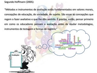 Segundo Hoffmann (2005):
“Métodos e instrumentos de avaliação estão fundamentados em valores morais,
concepções de educação, de sociedade, de sujeito. São essas as concepções que
regem o fazer avaliativo e que lhe dão sentido. É preciso, então, pensar primeiro
em como os educadores pensam a avaliação antes de mudar metodologias,
instrumentos de testagem e formas de registro.”
 