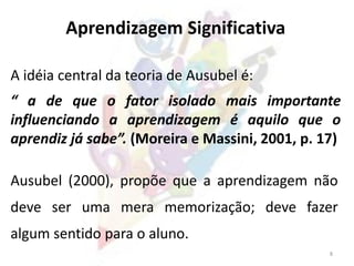 8
Aprendizagem Significativa
A idéia central da teoria de Ausubel é:
“ a de que o fator isolado mais importante
influenciando a aprendizagem é aquilo que o
aprendiz já sabe”. (Moreira e Massini, 2001, p. 17)
Ausubel (2000), propõe que a aprendizagem não
deve ser uma mera memorização; deve fazer
algum sentido para o aluno.
 
