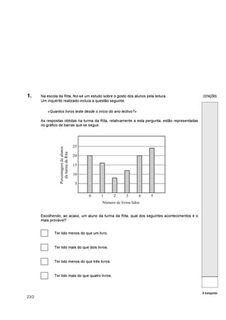 COTAÇÕES
A transportar
23/2
1. Na escola da Rita, fez-se um estudo sobre o gosto dos alunos pela leitura.
Um inquérito realizado incluía a questão seguinte.
«Quantos livros leste desde o início do ano lectivo?»
As respostas obtidas na turma da Rita, relativamente a esta pergunta, estão representadas
no gráfico de barras que se segue.
Escolhendo, ao acaso, um aluno da turma da Rita, qual dos seguintes acontecimentos é o
mais provável?
Ter lido menos do que um livro.
Ter lido mais do que dois livros.
Ter lido menos do que três livros.
Ter lido mais do que quatro livros.
 
