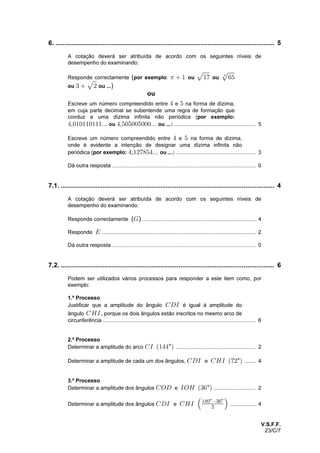 23/C/4
2.º Processo
Verificar que para ............................................... 2B œ  $ œ %,
 B
#
Referir que, à medida que aumenta, diminui .......................... 4B $
 B
#
Concluir que é o conjunto solução da inequação ......................... 1E (ver nota)
Nota:
Caso o examinando se limite a referir que é o conjunto solução da inequação,E
à sua resposta deverão ser atribuídos zero pontos.
3.1. ...................................................................................................................... 4
A cotação deverá ser atribuída de acordo com os seguintes níveis de
desempenho do examinando:
Responde correctamente .............................................. 4( )!! !!ou metros
Responde ......................................................................... 2 ! !ou metros
Dá outra resposta ................................................................................................. 0
3.2. ...................................................................................................................... 4
A cotação deverá ser atribuída de acordo com os seguintes níveis de
desempenho do examinando:
Responde correctamente ............................................. 4( )  ou segundos
Responde ...................................................... 3! #,  minutos de minutoou

%
Evidencia ler correctamente os dois tempos de chegada à meta (por
exemplo: «Um chegou aos minutos e o outro aos minutos.»#  # #, ,
ou ... ou), mas não responde, responde incorrectamente .................................. 2
Dá outra resposta ................................................................................................. 0
 