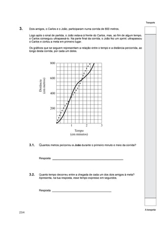 23/4
Transporte
A transportar
3. Dois amigos, o Carlos e o João, participaram numa corrida de 800 metros.
Logo após o sinal de partida, o João estava à frente do Carlos, mas, ao fim de algum tempo,
o Carlos conseguiu ultrapassá-lo. Na parte final da corrida, o João fez um , ultrapassousprint
o Carlos e cortou a meta em primeiro lugar.
Os gráficos que se seguem representam a relação entre o tempo e a distância percorrida, ao
longo desta corrida, por cada um deles.
3.1. Quantos metros percorreu durante o primeiro minuto e meio da corrida?o João
_______________________________________Resposta
3.2. Quanto tempo decorreu entre a chegada de cada um dos dois amigos à meta?
Apresenta, na tua resposta, esse tempo expresso em segundos.
Resposta _______________________________________
 