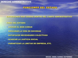 DERECHO ADMINISTRATIVO
MIGUEL ANGEL GARDEA GUTIERREZ
EXPRESIONES MAS USADAS DENTRO DEL CAMPO ADMINISTRATIVO:EXPRESIONES MAS USADAS DENTRO DEL CAMPO ADMINISTRATIVO:
FINES DEL ESTADO:FINES DEL ESTADO:
LOGRAR EL BIEN COMUNLOGRAR EL BIEN COMUN
ASEGURAR LA VIDA EN SOCIEDADASEGURAR LA VIDA EN SOCIEDAD
SATISFACER NECESIDADES COLECTIVASSATISFACER NECESIDADES COLECTIVAS
ACANZAR LA JUSTICIA SOCIALACANZAR LA JUSTICIA SOCIAL
GARANTIZAR LA LIBETAD DE EMPRESA, ETC.GARANTIZAR LA LIBETAD DE EMPRESA, ETC.
FUNCIONES DEL ESTADOFUNCIONES DEL ESTADO
 