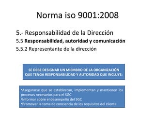 Norma iso 9001:2008
5.- Responsabilidad de la Dirección
5.5 Responsabilidad, autoridad y comunicación
5.5.2 Representante ...
