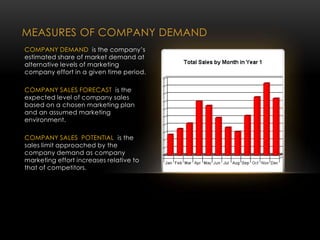MEASURES OF COMPANY DEMAND
COMPANY DEMAND is the company’s
estimated share of market demand at
alternative levels of marketing
company effort in a given time period.
COMPANY SALES FORECAST is the
expected level of company sales
based on a chosen marketing plan
and an assumed marketing
environment.
COMPANY SALES POTENTIAL is the
sales limit approached by the
company demand as company
marketing effort increases relative to
that of competitors.
 