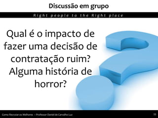 Recursos humanos trabalhando para seu crescimento pessoal e profissional
Discussão em grupo
Agregando Valor em Tecnologia através de Pessoas.R i g h t p e o p l e t o t h e R i g h t p l a c e
Como Recrutar os Melhores – Professor Daniel de Carvalho Luz 11
Qual é o impacto de
fazer uma decisão de
contratação ruim?
Alguma história de
horror?
 