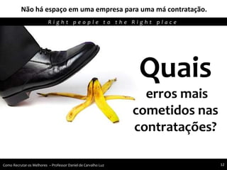 Não há espaço em uma empresa para uma má contratação.
Agregando Valor em Tecnologia através de Pessoas.R i g h t p e o p l e t o t h e R i g h t p l a c e
Como Recrutar os Melhores – Professor Daniel de Carvalho Luz 12
Quais
erros mais
cometidos nas
contratações?
 