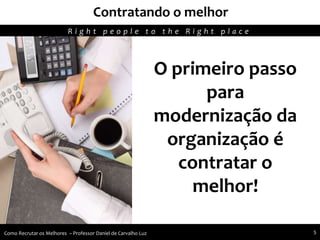 Recursos humanos trabalhando para seu crescimento pessoal e profissional
Contratando o melhor
Agregando Valor em Tecnologia através de Pessoas.R i g h t p e o p l e t o t h e R i g h t p l a c e
Como Recrutar os Melhores – Professor Daniel de Carvalho Luz 5
O primeiro passo
para
modernização da
organização é
contratar o
melhor!
 