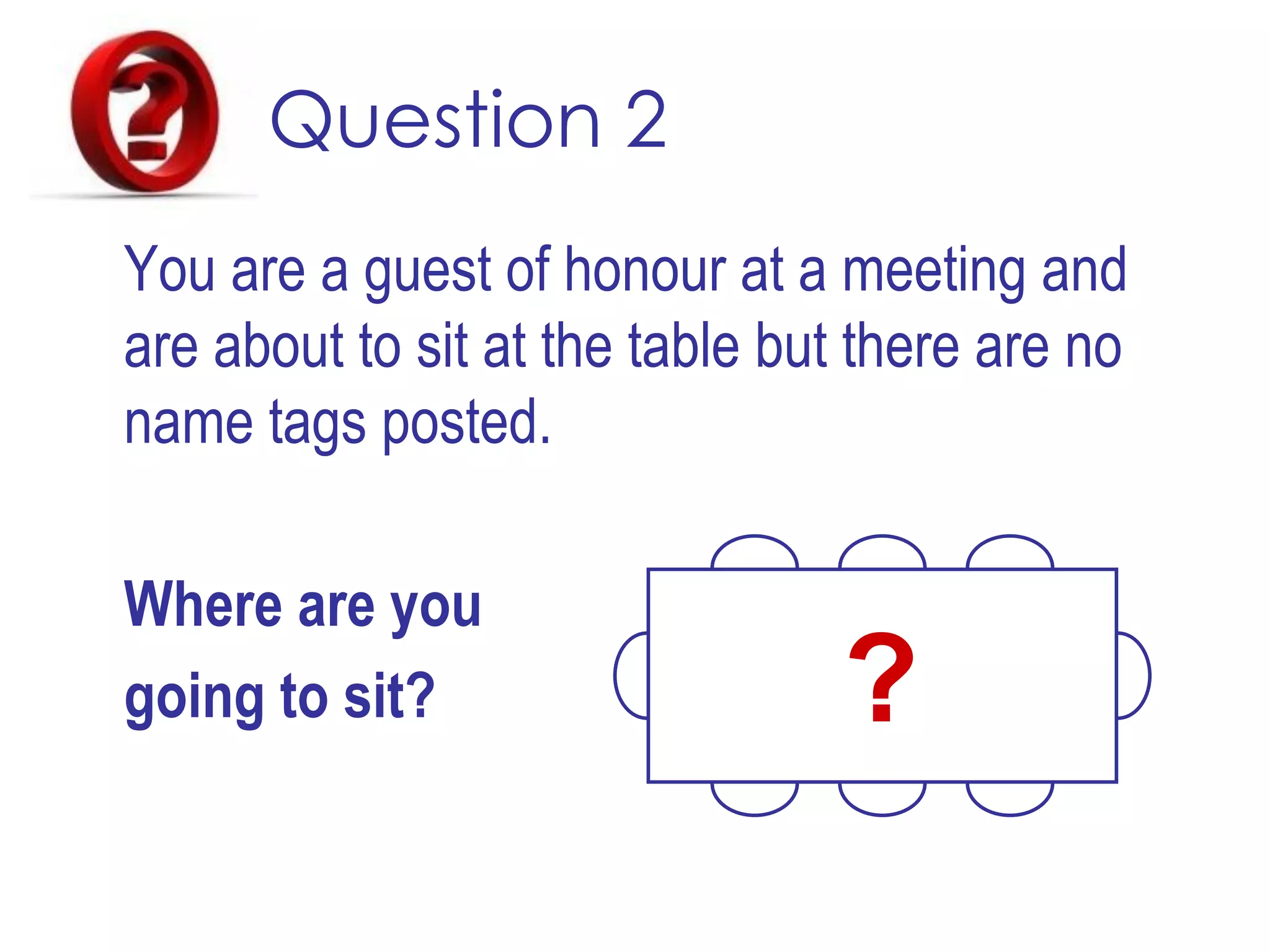 Question 2
You are a guest of honour at a meeting and
are about to sit at the table but there are no
name tags posted.
Where are you
going to sit? ?
 