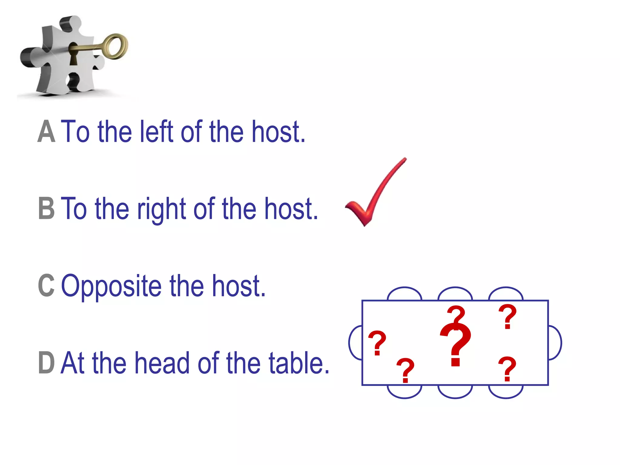 A To the left of the host.
B To the right of the host.
C Opposite the host.
D At the head of the table.
?
?
??
?
?
 