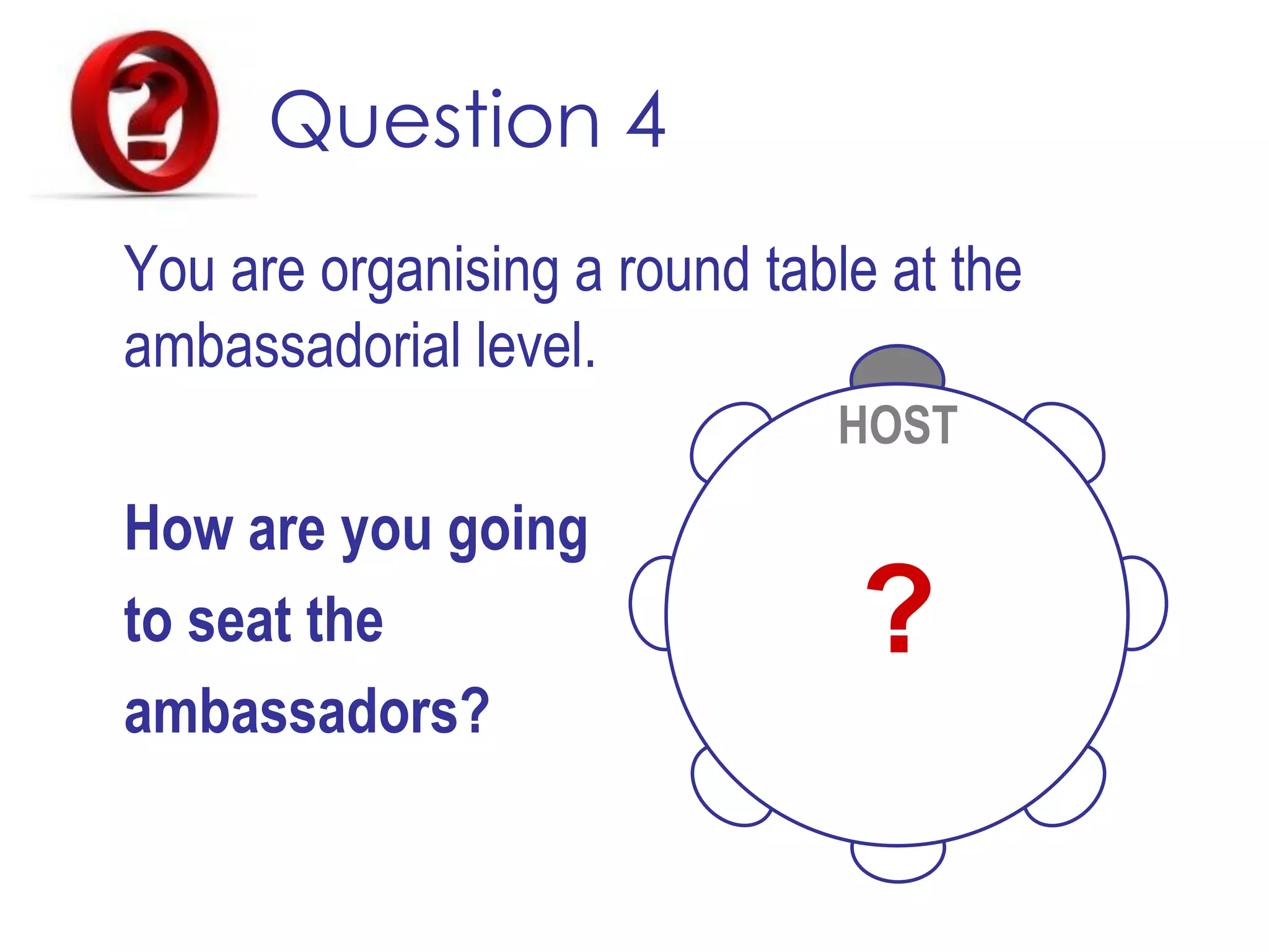 Question 4
You are organising a round table at the
ambassadorial level.
How are you going
to seat the
ambassadors?
HOST
?
 