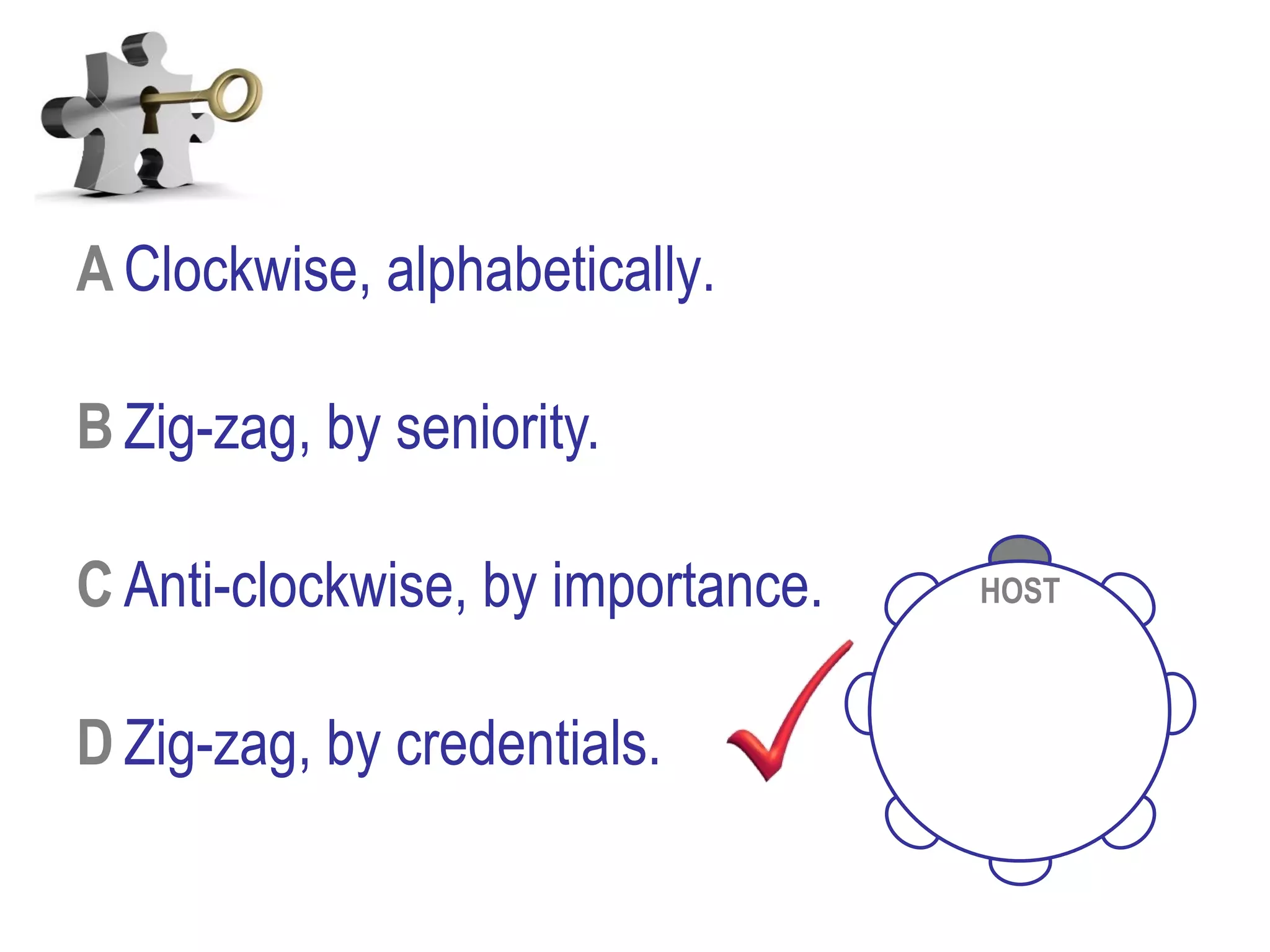 A Clockwise, alphabetically.
B Zig-zag, by seniority.
C Anti-clockwise, by importance.
D Zig-zag, by credentials.
HOST
 