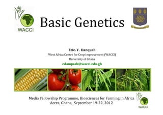 Basic Genetics
Eric. Y. Danquah
West Africa Centre for Crop Improvement (WACCI)
University of Ghana
edanquah@wacci.edu.gh
Media Fellowship Programme, Biosciences for Farming in Africa
Accra, Ghana, September 19-22, 2012
 