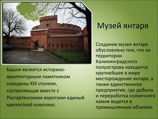 Музей янтаря
Башня является историко-
архитектурным памятником
середины XIX столеия,
составляющая вместе с
Росгартенскими воротами единый
крепостной комплекс.
Создание музея янтаря
обусловлено тем, что на
территории
Калининградского
полуострова находится
крупнейшее в мире
месторождение янтаря, а
также единственное
предприятие, где добыча
и переработка солнечного
камня ведется в
промышленных объемах.
 