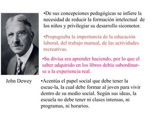 •Acentúa el papel social que debe tener la
escue-la, la cual debe formar al joven para vivir
dentro de su medio social. Según sus ideas, la
escuela no debe tener ni clases intensas, ni
programas, ni horarios.
•Propugnaba la importancia de la educación
laboral, del trabajo manual, de las actividades
recreativas.
•Su divisa era aprender haciendo, por lo que el
saber adquirido en los libros debía subordinar-
se a la experiencia real.
John Dewey
•De sus concepciones pedagógicas se infiere la
necesidad de reducir la formación intelectual de
los niños y privilegiar su desarrollo sicomotor.
 