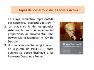 1. La etapa romántica representada
por Rousseau, Pestalozzi y Tolstoy.
2. La etapa es la de los grandes
sistemas, la que más experiencias
proporcionó al movimiento: John
Dewey, María Montesori y Ovidio
Decroly.
3. Un tercer momento, surgido a raíz
de la guerra de 1914-1918, entre
quienes se puede distinguir a los
franceses Cousinet y Freinet.
Etapas del desarrollo de la Escuela Activa
 