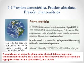 1.1 Presión atmosférica, Presión absoluta,
Presión manométrica
Fig. 1.19 La capa de
aire que envuelve a la
tierra, recibe el
nombre de atmósfera.
A medida que es mayor la altura sobre el nivel del mar, la presión
atmosférica disminuye. En la ciudad de México su valor es de 586 mm de
Hg equivalente a 0.78 x 10 5 N/m2 = 0.78 x 10 5 Pa
 