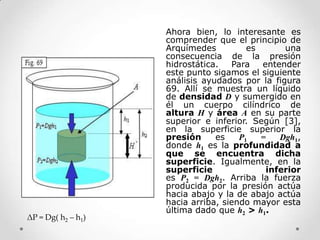 Ahora bien, lo interesante es
comprender que el principio de
Arquímedes es una
consecuencia de la presión
hidrostática. Para entender
este punto sigamos el siguiente
análisis ayudados por la figura
69. Allí se muestra un líquido
de densidad D y sumergido en
él un cuerpo cilíndrico de
altura H y área A en su parte
superior e inferior. Según [3],
en la superficie superior la
presión es P1 = Dgh1,
donde h1 es la profundidad a
que se encuentra dicha
superficie. Igualmente, en la
superficie inferior
es P2 = Dgh2. Arriba la fuerza
producida por la presión actúa
hacia abajo y la de abajo actúa
hacia arriba, siendo mayor esta
última dado que h2 > h1.
ΔP = Dg( h2 – h1)
 