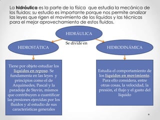 La hidráulica es la parte de la física que estudia la mecánica de
los fluidos; su estudio es importante porque nos permite analizar
las leyes que rigen el movimiento de los líquidos y las técnicas
para el mejor aprovechamiento de estos fluidos.
HIDRÁULICA
HIDROSTÁTICA HIDRODINÁMICA
Se divide en
Tiene por objeto estudiar los
líquidos en reposo. Se
fundamenta en las leyes y
principios como el de
Arquímedes, Pascal y la
paradoja de Stevin, mismos
que contribuyen a cuantificar
las presiones ejercidas por los
fluidos y al estudio de sus
características generales
Estudia el comportamiento de
los líquidos en movimiento.
Para ello considera, entre
otras cosas, la velocidad, la
presión, el flujo y el gasto del
líquido
 