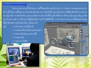 โครงงานทดลองทฤษฎี
โครงงานประเภทนี้เป็นโครงงานที่ใช้คอมพิวเตอร์ช่วยในการ จําลองการทดลองของสาขา
ต่างๆ ซึ่งเป็นงานที่ไม่สามารถทดลองด้วยสถานการณ์จริงได้ และเป็นโครงงานที่ผู้ทําต้องศึกษารวบรวม
ความรู้ หลักการ ข้อเท็จจริง และแนวคิดต่างๆ อย่างลึกซึ้งในเรื่องที่ต้องการศึกษาแล้วเสนอเป็นแนวคิด
แบบจําลอง หลักการ ซึ่งจะทําให้ผู้เรียนมีความเข้าใจได้ดียิ่งขึ้น การทําโครงงานประเภทนี้มีจุดสําคัญอยู่
ที่ผู้ทําต้องมีความรู้ในเรื่องนั้นๆ เป็นอย่างดี
เช่น * การจําลองการเกิดสึนามิ
* การทดลองเรื่องพฤติกรรมของโลมา
* การมองเห็นวัตถุแบบสามมิติ
* การจุดระเบิด
* การต่อวงจรไฟฟ้ า
 