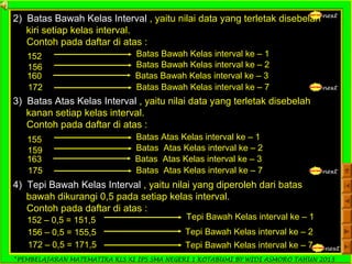 *PEMBELAJARAN MATEMATIKA KLS XI IPS SMA NEGERI 1 KOTABUMI BY WIDI ASMORO TAHUN 2013
next
2) Batas Bawah Kelas Interval , yaitu nilai data yang terletak disebelah
kiri setiap kelas interval.
Contoh pada daftar di atas :
152 Batas Bawah Kelas interval ke – 1
156 Batas Bawah Kelas interval ke – 2
160 Batas Bawah Kelas interval ke – 3
172 Batas Bawah Kelas interval ke – 7 next
3) Batas Atas Kelas Interval , yaitu nilai data yang terletak disebelah
kanan setiap kelas interval.
Contoh pada daftar di atas :
155 Batas Atas Kelas interval ke – 1
159 Batas Atas Kelas interval ke – 2
163 Batas Atas Kelas interval ke – 3
175 Batas Atas Kelas interval ke – 7 next
4) Tepi Bawah Kelas Interval , yaitu nilai yang diperoleh dari batas
bawah dikurangi 0,5 pada setiap kelas interval.
Contoh pada daftar di atas :
152 – 0,5 = 151,5 Tepi Bawah Kelas interval ke – 1
156 – 0,5 = 155,5 Tepi Bawah Kelas interval ke – 2
172 – 0,5 = 171,5 Tepi Bawah Kelas interval ke – 7 next
 