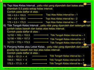 *PEMBELAJARAN MATEMATIKA KLS XI IPS SMA NEGERI 1 KOTABUMI BY WIDI ASMORO TAHUN 2013
next
5) Tepi Atas Kelas Interval , yaitu nilai yang diperoleh dari batas atas
ditambah 0,5 pada setiap kelas interval.
Contoh pada daftar di atas :
155 + 0,5 = 155,5 Tepi Atas Kelas interval ke – 1
159 + 0,5 = 159,5 Tepi Atas Kelas interval ke – 2
175 + 0,5 = 175,5 Tepi Atas Kelas interval ke – 7 next
6) Titik Tengah Kelas Interval , yaitu nilai yang diperoleh dari setengah kali
jumlah batas bawah dan batas atas kelas interval.
Contoh pada daftar di atas :
½(152 + 155) = 153,5 Titik Tengah Kelas interval ke – 1
½(156 + 159) = 157,5 Titik Tengah Kelas interval ke – 2
½(172 + 175) = 173,5 Titik Tengah Kelas interval ke – 7
next
7) Panjang Kelas atau Lebar Kelas , yaitu nilai yang diperoleh dari selisih
positip tepi bawah dan tepi atas kelas interval.
Contoh pada daftar di atas :
155,5 – 151,5 = 4 Titik Tengah Kelas interval ke – 1
159,5 – 155,5 = 4 Titik Tengah Kelas interval ke – 2
175,5 – 171,5 = 4 Titik Tengah Kelas interval ke – 7
next
 