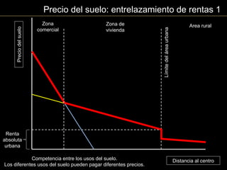 Distancia al centro
Preciodelsuelo
Area rural
Límitedeláreaurbana
Renta
absoluta
urbana
Zona de
vivienda
Zona
comercial
Precio del suelo: entrelazamiento de rentas 1
Competencia entre los usos del suelo.
Los diferentes usos del suelo pueden pagar diferentes precios.
 