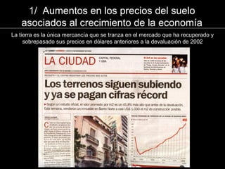 1/ Aumentos en los precios del suelo
asociados al crecimiento de la economía
La tierra es la única mercancía que se tranza en el mercado que ha recuperado y
sobrepasado sus precios en dólares anteriores a la devaluación de 2002
 