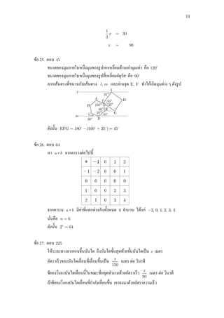 11
1
3
x 30
x 90
ข้อ 25. ตอบ 45
ขนาดของมุมภายในหนึ่งมุมของรูปหกเหลี่ยมด้านเท่ามุมเท่า คือ 120
ขนาดของมุมภายในหนึ่งมุมของรูปสี่เหลี่ยมจัตุรัส คือ 90
ลากเส้นตรงที่ขนานกับเส้นตรง ,l m และผ่านจุด E, F ทาให้เกิดมุมต่าง ๆ ดังรูป
ดังนั้น ˆEFG 180 (100 35 ) 45
ข้อ 26. ตอบ 64
หา *a b จากตารางต่อไปนี้
จากตาราง *a b มีค่าที่แตกต่างกันทั้งหมด 6 จานวน ได้แก่ 2, 0, 1, 2, 3, 4
นั่นคือ 6n
ดังนั้น 6
2 64
ข้อ 27. ตอบ 225
ให้ระยะทางจากทางขึ้นบันได ถึงบันไดขั้นสุดท้ายขั้นบันไดเป็น x เมตร
อัตราเร็วของบันไดเลื่อนที่เลื่อนขึ้นเป็น
150
x
เมตร ต่อ วินาที
ซียองวิ่งลงบันไดเลื่อนนี้ในขณะที่หยุดทางานด้วยอัตราเร็ว
90
x
เมตร ต่อ วินาที
ถ้าซียองวิ่งลงบันไดเลื่อนที่กาลังเลื่อนขึ้น เขาลงมาด้วยอัตราความเร็ว
 