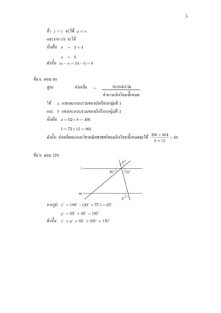 3
ถ้า 1x จะได้ y n
และจาก (1) จะได้
นั่นคือ n 2 4
n 6
ดังนั้น 14 6 8m n
ข้อ 8. ตอบ 68
สูตร
ให้ a แทนคะแนนรวมของนักเรียนกลุ่มที่ 1
และ b แทนคะแนนรวมของนักเรียนกลุ่มที่ 2
นั่นคือ 62 8 496a
72 12 864b
ดังนั้น ค่าเฉลี่ยคะแนนวิชาคณิตศาสตร์ของนักเรียนทั้งหมดจะได้ 496 864
68
8 12
ข้อ 9. ตอบ 170
จากรูป 180 (40 75 ) 65x
65 40 105y
ดังนั้น 65 105 170x y
ค่าเฉลี่ย คะแนนรวม
จานวนนักเรียนทั้งหมด
 