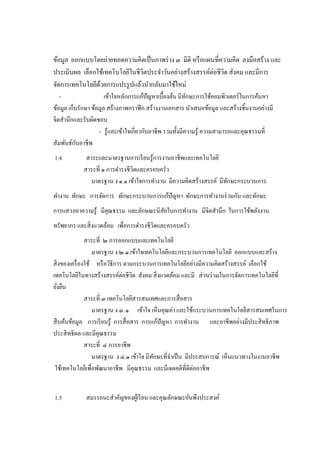 ข้อมูล ออกแบบโดยถ่ายทอดความคิดเป็นภาพร่าง ๓ มิติ หรือแผนที่ความคิด ลงมือสร้าง และ
ประเมินผล เลือกใช้เทคโนโลยีในชีวิตประจาวันอย่างสร้างสรรค์ต่อชีวิต สังคม และมีการ
จัดการเทคโนโลยีด้วยการแปรรูปแล้วนากลับมาใช้ใหม่
- เข้าใจหลักการแก้ปัญหาเบื้องต้น มีทักษะการใช้คอมพิวเตอร์ในการค้นหา
ข้อมูล เก็บรักษา ข้อมูล สร้างภาพกราฟิก สร้างงานเอกสาร นาเสนอข้อมูล และสร้างชิ้นงานอย่างมี
จิตสานึกและรับผิดชอบ
- รู้และเข้าใจเกี่ยวกับอาชีพ รวมทั้งมีความรู้ ความสามารถและคุณธรรมที่
สัมพันธ์กับอาชีพ
1.4 สาระและมาตรฐานการเรียนรู้การงานอาชีพและเทคโนโลยี
สาระที่ ๑ การดารงชีวิตและครอบครัว
มาตรฐาน ง ๑.๑ เข้าใจการทางาน มีความคิดสร้างสรรค์ มีทักษะกระบวนการ
ทางาน ทักษะ การจัดการ ทักษะกระบวนการแก้ปัญหา ทักษะการทางานร่วมกัน และทักษะ
การแสวงหาความรู้ มีคุณธรรม และลักษณะนิสัยในการทางาน มีจิตสานึก ในการใช้พลังงาน
ทรัพยากร และสิ่งแวดล้อม เพื่อการดารงชีวิตและครอบครัว
สาระที่ ๒ การออกแบบและเทคโนโลยี
มาตรฐาน ง ๒.๑ เข้าใจเทคโนโลยีและกระบวนการเทคโนโลยี ออกแบบและสร้าง
สิ่งของเครื่องใช้ หรือวิธีการ ตามกระบวนการเทคโนโลยีอย่างมีความคิดสร้างสรรค์ เลือกใช้
เทคโนโลยีในทางสร้างสรรค์ต่อชีวิต สังคม สิ่งแวดล้อม และมี ส่วนร่วมในการจัดการเทคโนโลยีที่
ยั่งยืน
สาระที่ ๓ เทคโนโลยีสารสนเทศและการสื่อสาร
มาตรฐาน ง ๓.๑ เข้าใจ เห็นคุณค่า และใช้กระบวนการเทคโนโลยีสารสนเทศในการ
สืบค้นข้อมูล การเรียนรู้ การสื่อสาร การแก้ปัญหา การทางาน และอาชีพอย่างมีประสิทธิภาพ
ประสิทธิผล และมีคุณธรรม
สาระที่ ๔ การอาชีพ
มาตรฐาน ง ๔.๑ เข้าใจ มีทักษะที่จาเป็น มีประสบการณ์ เห็นแนวทางในงานอาชีพ
ใช้เทคโนโลยีเพื่อพัฒนาอาชีพ มีคุณธรรม และมีเจตคติที่ดีต่ออาชีพ
1.5 สมรรถนะสาคัญของผู้เรียน และคุณลักษณะอันพึงประสงค์
 