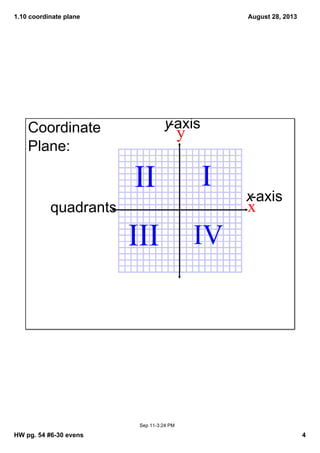 1.10 coordinate plane
HW pg. 54 #6­30 evens 4
August 28, 2013
Sep 11­3:24 PM
x
y
III
III IV
Coordinate 
Plane: 
quadrants
x­axis
y­axis
 