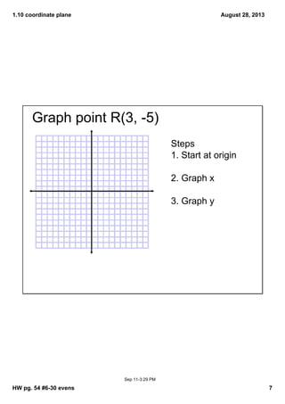 1.10 coordinate plane
HW pg. 54 #6­30 evens 7
August 28, 2013
Sep 11­3:29 PM
Graph point R(3, ­5)
Steps
1. Start at origin
2. Graph x
3. Graph y
 