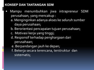 KONSEP DAN TANTANGAN SDM
• Mampu menumbuhkan jiwa intrapreneur SDM
perusahaan, yang mencakup :
a. Menginginkan adanya akses ke seluruh sumber
daya perusahaan;
b. Berorientasi pencapaian tujuan perusahaan;
c. Motivasi kerja yang tinggi;
d. Responsif terhadap penghargaan dari
perusahaan;
e. Berpandangan jauh ke depan;
f. Bekerja secara terencana, terstruktur dan
sistematis;
 