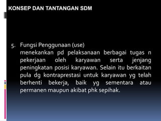 KONSEP DAN TANTANGAN SDM
5. Fungsi Penggunaan (use)
menekankan pd pelaksanaan berbagai tugas n
pekerjaan oleh karyawan serta jenjang
peningkatan posisi karyawan. Selain itu berkaitan
pula dg kontraprestasi untuk karyawan yg telah
berhenti bekerja, baik yg sementara atau
permanen maupun akibat phk sepihak.
 