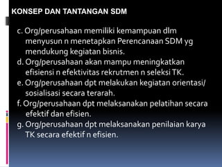 KONSEP DAN TANTANGAN SDM
c. Org/perusahaan memiliki kemampuan dlm
menyusun n menetapkan Perencanaan SDM yg
mendukung kegiatan bisnis.
d. Org/perusahaan akan mampu meningkatkan
efisiensi n efektivitas rekrutmen n seleksiTK.
e. Org/perusahaan dpt melakukan kegiatan orientasi/
sosialisasi secara terarah.
f. Org/perusahaan dpt melaksanakan pelatihan secara
efektif dan efisien.
g. Org/perusahaan dpt melaksanakan penilaian karya
TK secara efektif n efisien.
 