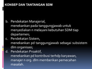 KONSEP DAN TANTANGAN SDM
b. Pendekatan Manajerial,
menekankan pada tanggungjawab untuk
menyediakan n melayani kebutuhan SDM tiap
departemen;
c. Pendekatan Sistem,
menekankan pd tanggungjawab sebagai subsistem
dlm organisasi;
d. Pendekatan Proaktif,
menekankan pd kontribusi terhdp karyawan,
manajer n org. dlm memberikan pemecahan
masalah.
 
