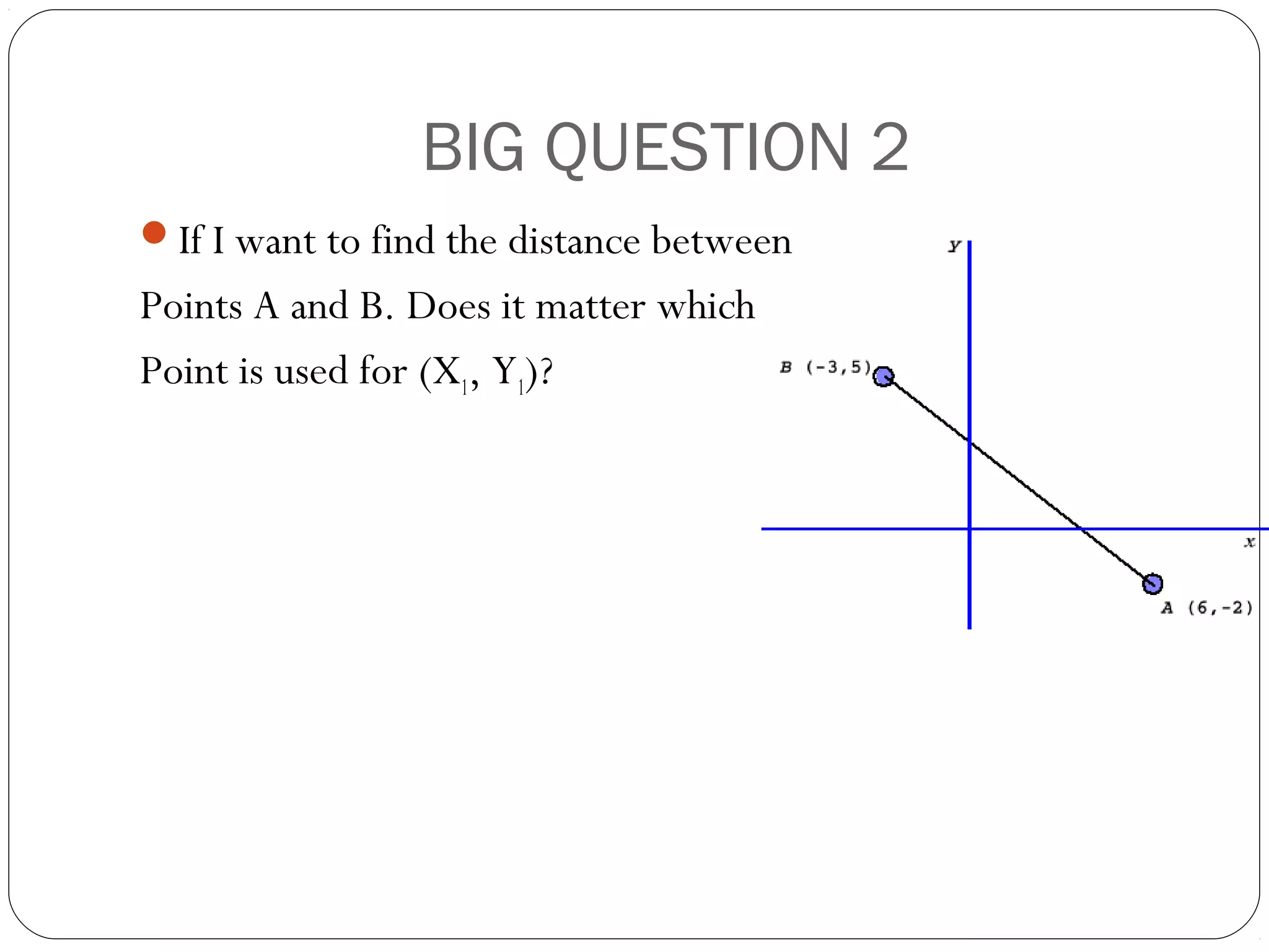BIG QUESTION 2
If I want to find the distance between
Points A and B. Does it matter which
Point is used for (X1, Y1)?
 