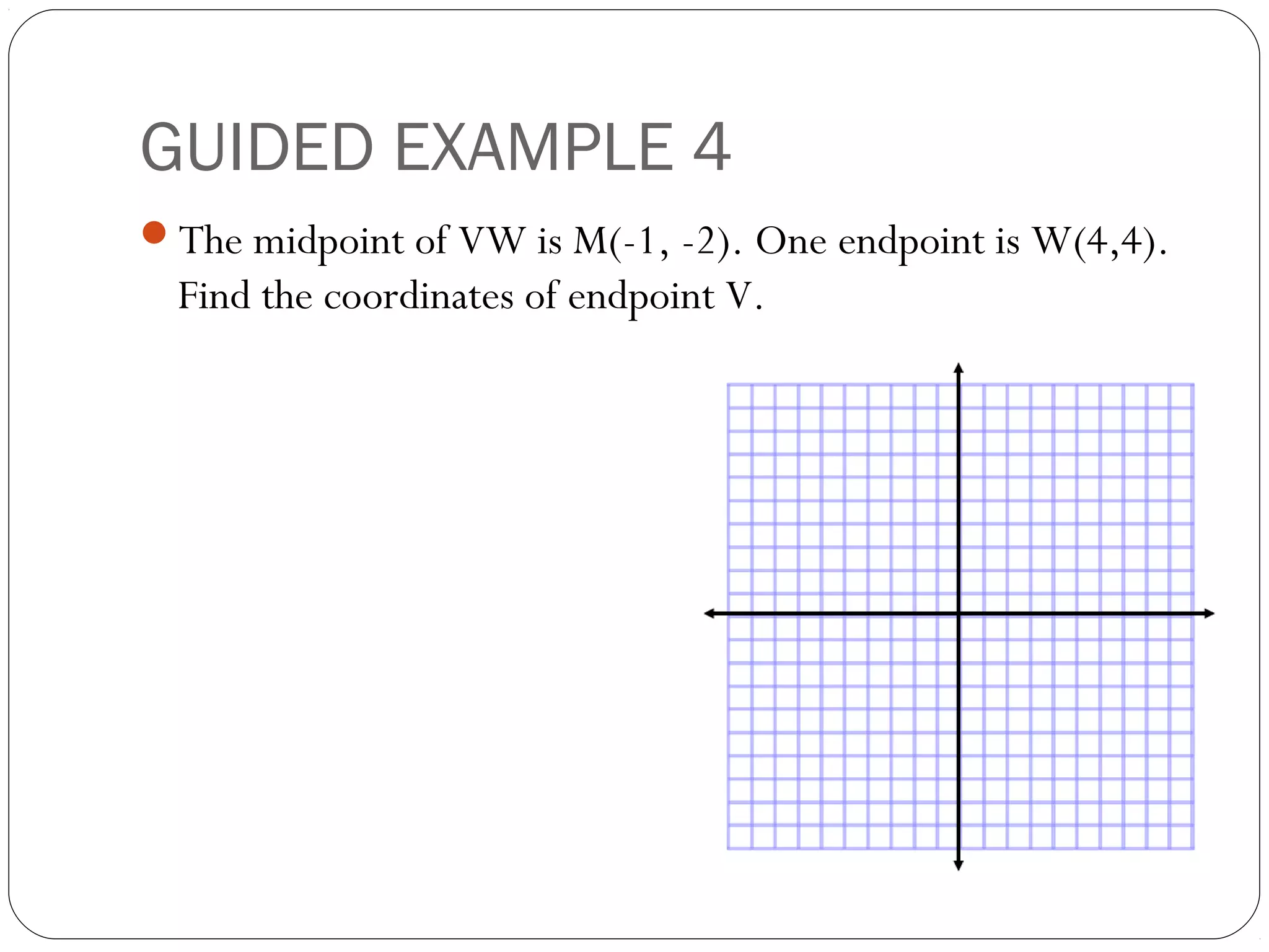 GUIDED EXAMPLE 4
The midpoint of VW is M(-1, -2). One endpoint is W(4,4).
Find the coordinates of endpoint V.
 