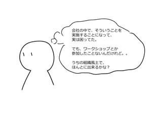 会社の中で、そういうことを
実施することになって、
実は困ってた。
でも、ワークショップとか
参加したことないんだけれど。。
うちの組織⾵⼟で、
ほんとに出来るかな？
 